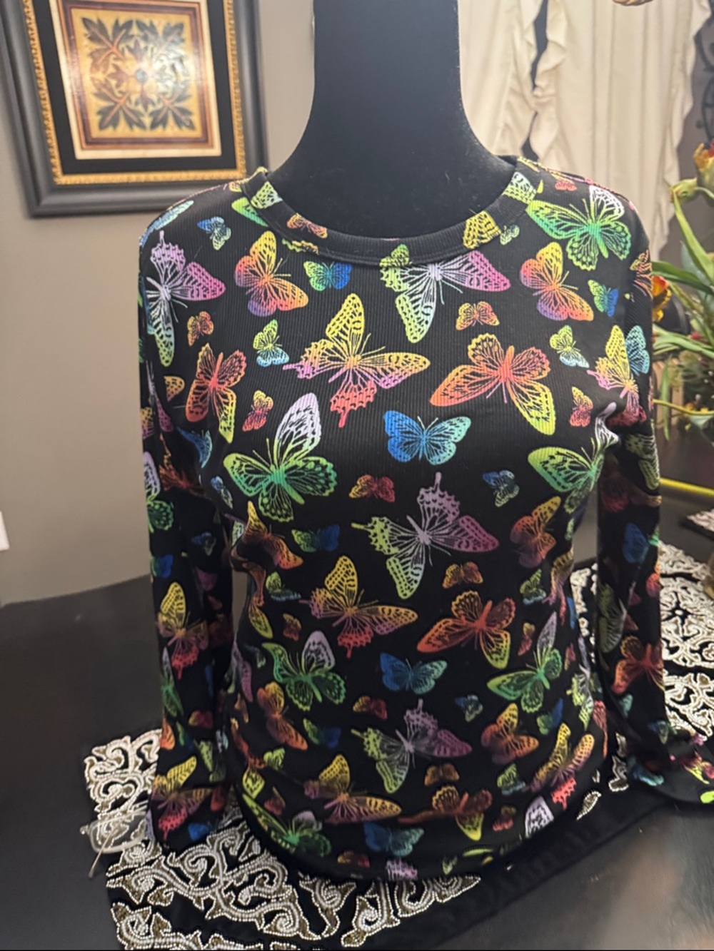 No Boundaries Black Long-Sleeve Top with Neon Butterfly Print